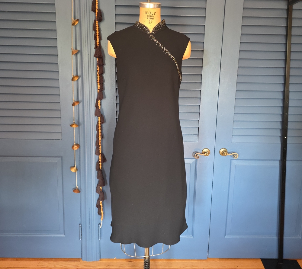 Evan Picone Black Sleeveless Midi Dress with Subtle Bead Trim